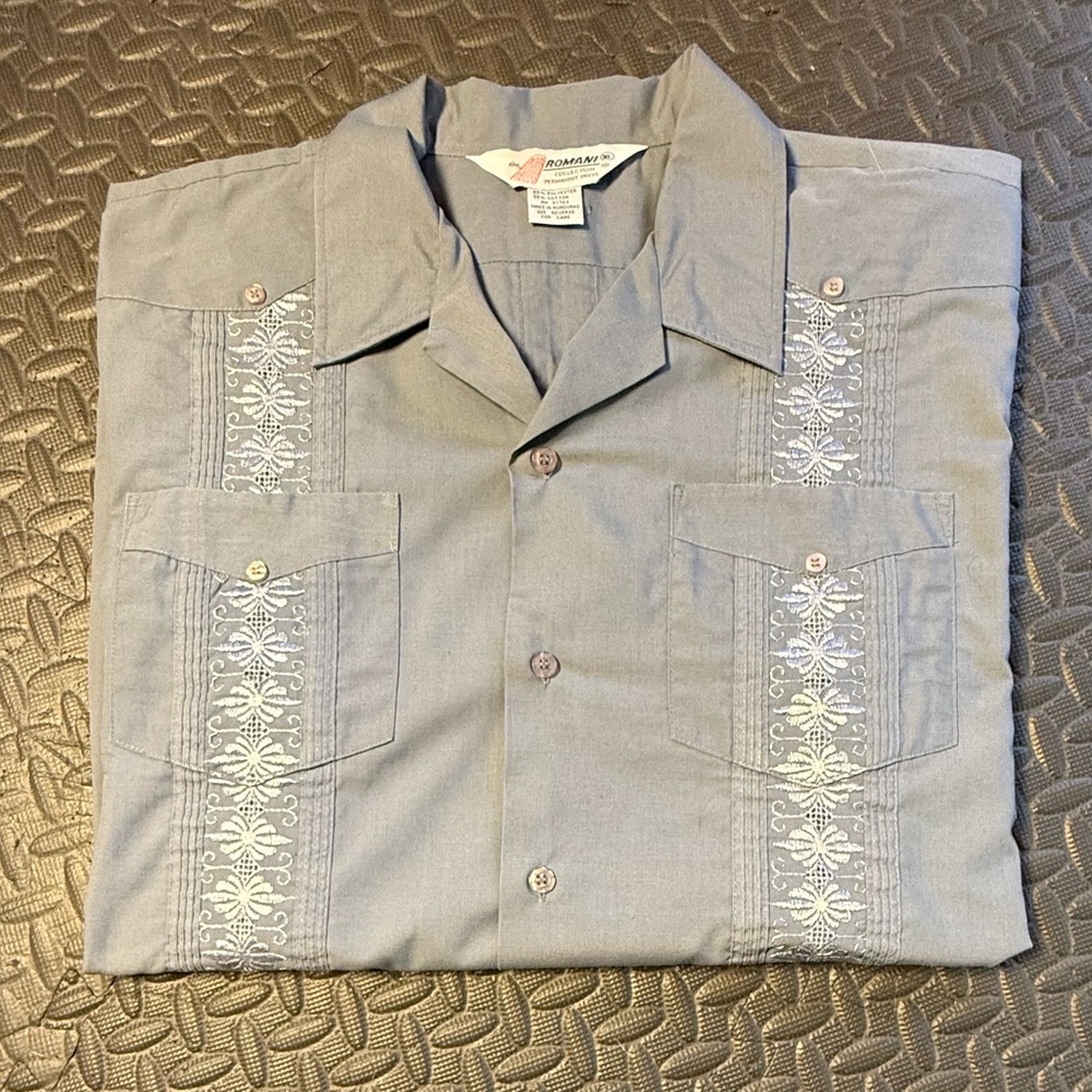 Romani Men's Blue Embroidered Havanera  Short Sleeve Shirt Size XL